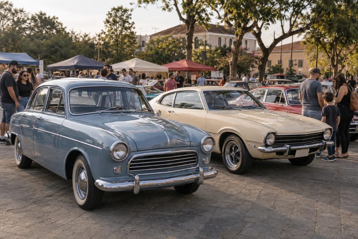 Ilustração por IA: Ilustração fotorrealista horizontal em formato 3:2, com carros antigos azuis e claros em destaque, visitantes e barracas ao fundo, sob luz natural suave. A cena é imaginada e gerada por IA, sem representar um local específico ou registrar uma edição real do encontro.