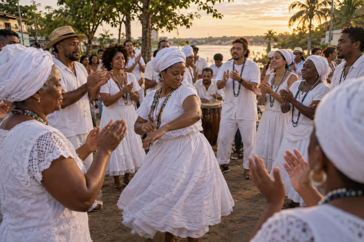 Ilustração por IA: Ilustração fotorrealista horizontal em formato 3:2, com pessoas vestidas de branco em uma roda festiva, entre dança, palmas e percussão, sob luz natural ao entardecer. A paisagem ribeirinha amazônica compõe uma cena imaginada inspirada no encontro, sem representar seu local exato ou uma edição real.