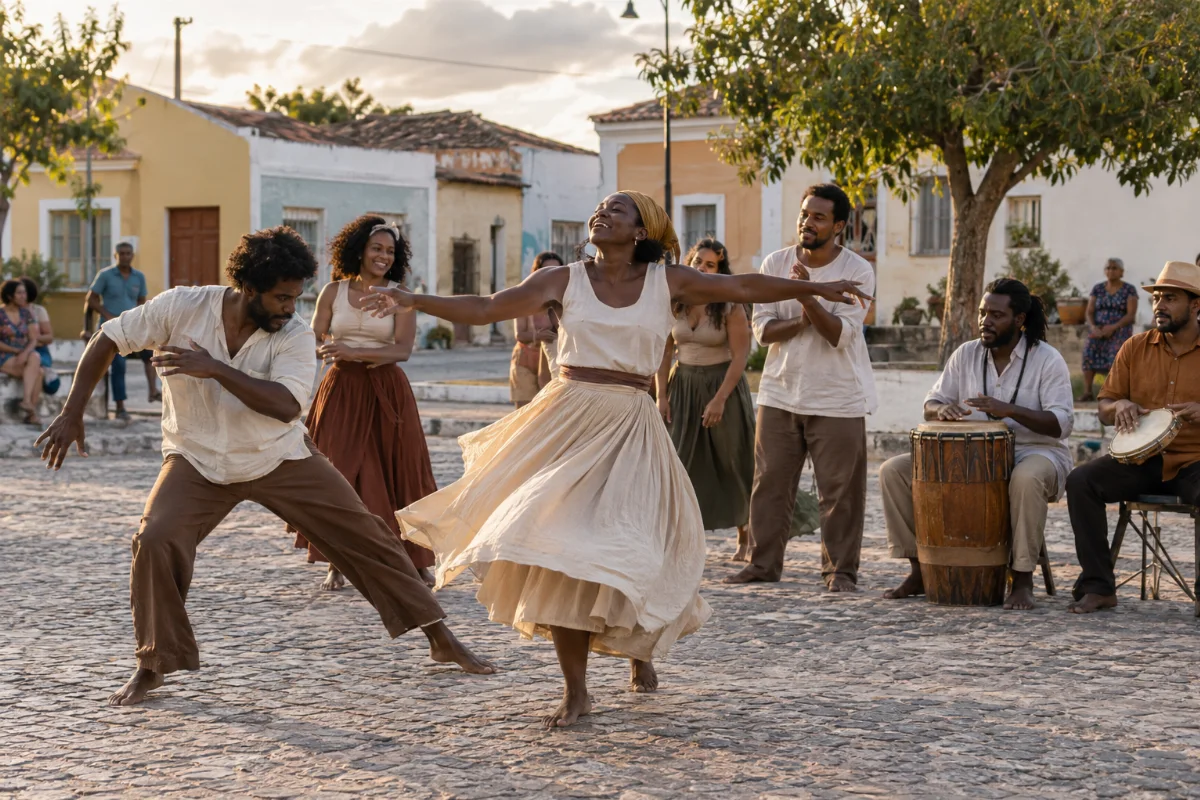 Ilustração por IA: Ilustração fotorealista em formato horizontal 3:2, com dançarinos e percussionistas em uma praça imaginada do interior potiguar, sob luz natural de fim de tarde. A cena remete às manifestações culturais descritas, sem reproduzir um local ou uma edição específica do evento.