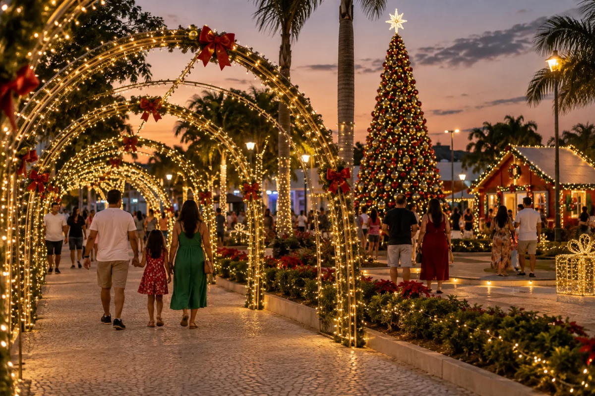 Ilustração por IA: Ilustração fotorrealista em formato horizontal 3:2, com famílias passeando ao entardecer entre arcos iluminados, uma árvore de Natal e uma casa decorada. A cena imaginada inspira-se no evento, sem reproduzir o espaço exato ou uma edição real, e não contém textos ou logotipos.