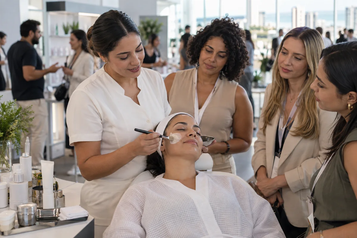 Ilustração por IA: Ilustração fotorealista em formato horizontal 3:2, com demonstração de cuidados faciais acompanhada por profissionais em um ambiente de feira iluminado por luz natural. Produtos sem marcas e estandes compõem a cena fictícia, inspirada nas atividades do evento, sem representar um local específico ou registro da edição real.