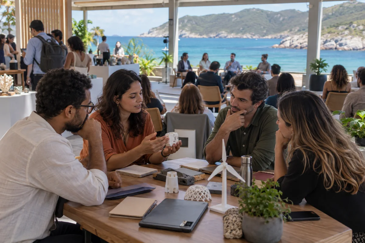 Ilustração por IA: Ilustração fotorrealista em formato paisagem 3:2, com profissionais conversando sobre protótipos ao redor de uma mesa, exposição de projetos e painel ao fundo. A luz natural e a paisagem costeira evocam Arraial do Cabo em um espaço imaginado, sem representar o local ou uma edição real do evento.