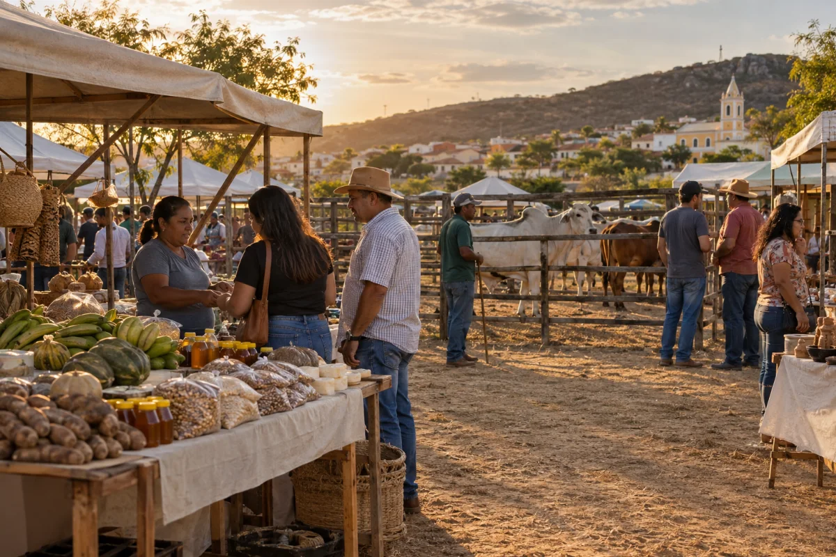 Ilustração por IA: Ilustração fotorealista em formato horizontal 3:2, com bancas de produtos agrícolas e artesanato, visitantes e bovinos em área cercada sob luz natural de fim de tarde. O cenário é imaginado, inspirado no contexto do evento, sem representar o local exato ou uma edição real e sem textos ou marcas.