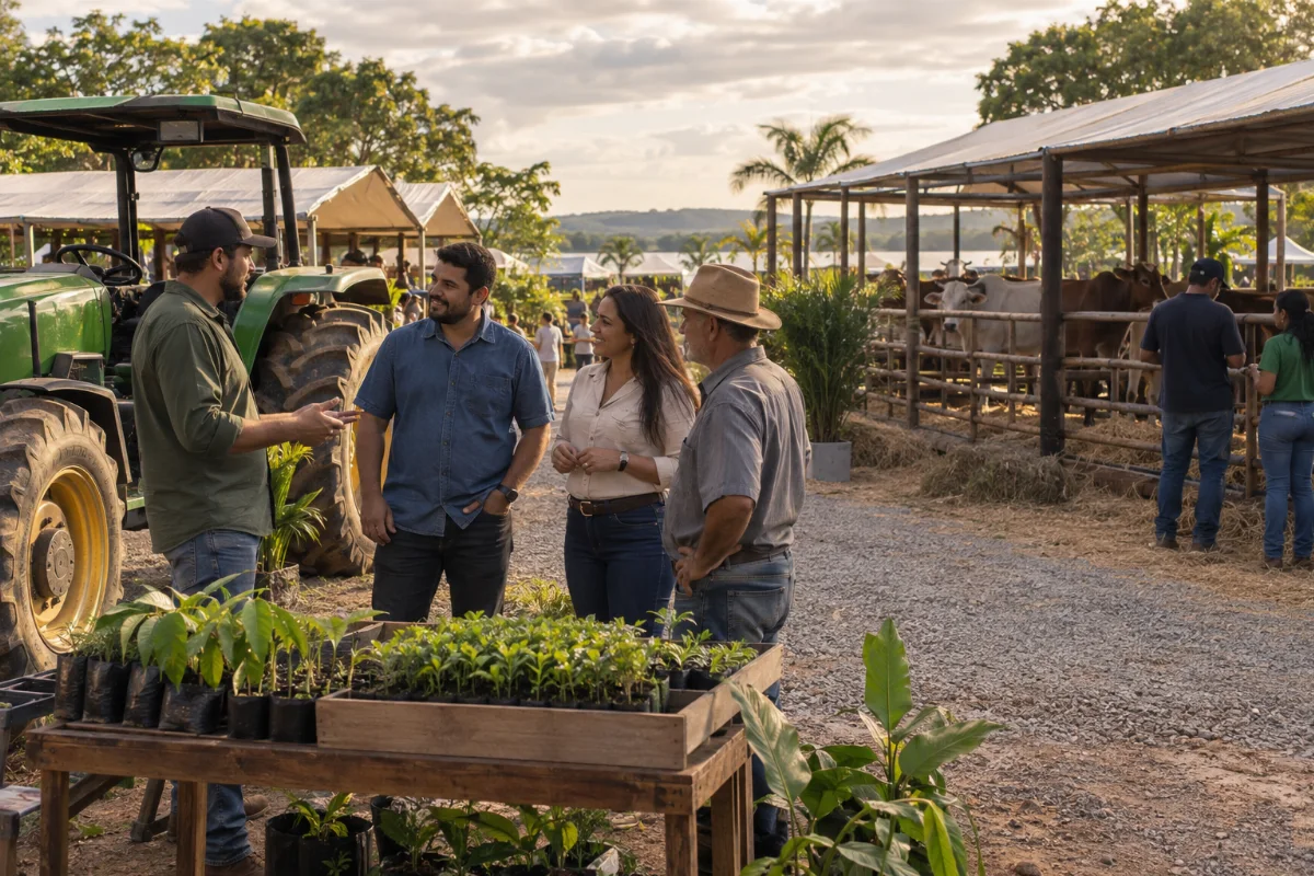 Ilustração por IA: Ilustração fotorrealista em formato horizontal 3:2, com visitantes conversando junto a um trator e uma mesa de mudas, além de bovinos em recinto cercado ao fundo. A vegetação tropical e a luz natural compõem uma cena imaginada de feira agropecuária, sem representar um local ou uma edição específica da ExpoAlta.