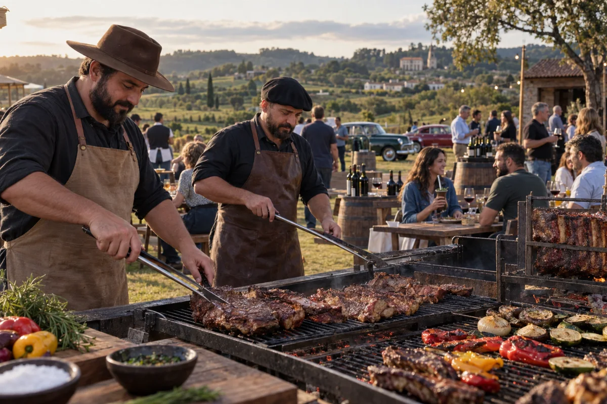 Ilustração por IA: Ilustração fotorrealista horizontal em proporção 3:2, com assadores preparando carnes, visitantes com chimarrão e vinho e carros antigos ao fundo, sob luz natural. A cena é fictícia, inspirada nas atividades do evento, sem representar seu local ou uma edição real.