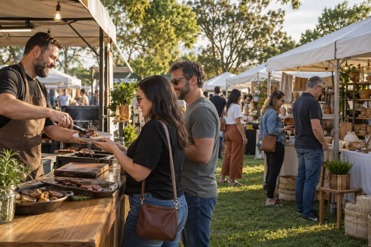 Ilustração por IA: Ilustração fotorealista horizontal em formato 3:2, com visitantes entre barracas de gastronomia e produtos, churrasco em primeiro plano e luz natural entre árvores. Cena conceitual gerada por IA, sem textos ou marcas, que não reproduz um local específico nem um registro da edição.