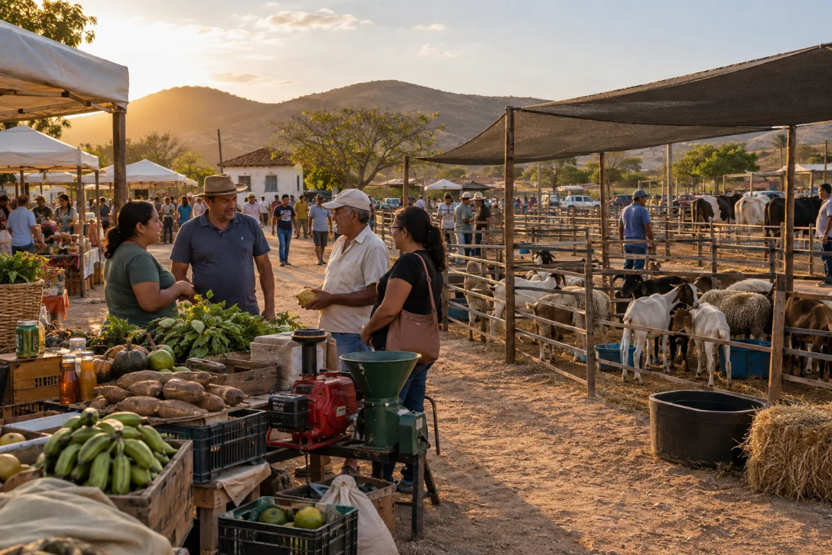 Ilustração por IA: Ilustração fotorealista horizontal em formato 3:2, com visitantes conversando junto a produtos agrícolas e recintos com caprinos, ovinos e bovinos sob luz natural de fim de tarde. A cena imaginada remete ao interior potiguar, sem representar um local exato ou um registro da edição real.