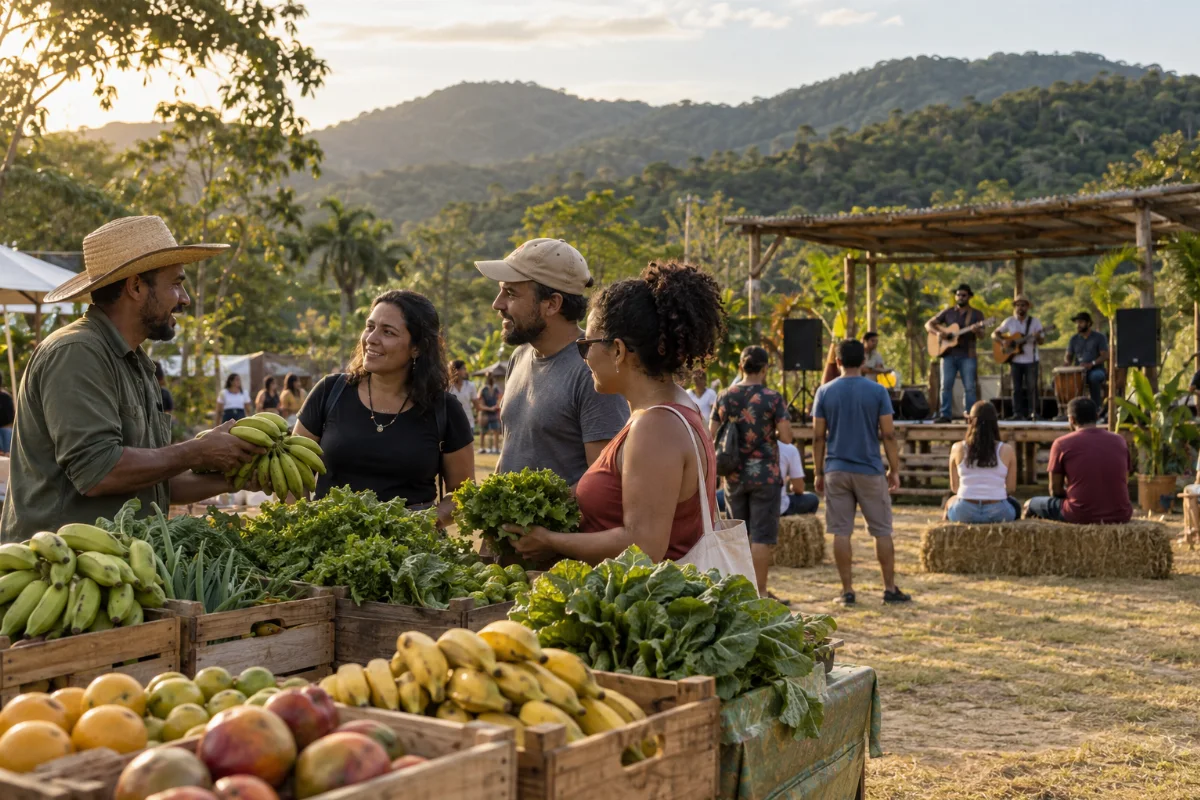 Ilustração por IA: Ilustração fotorealista horizontal em formato 3:2, com frutas e hortaliças em primeiro plano, pessoas conversando e músicos ao fundo, sob luz natural e diante de morros verdes. A cena é uma criação ilustrativa inspirada nos temas do evento, sem reproduzir um local ou uma edição real, e não contém textos ou logos.