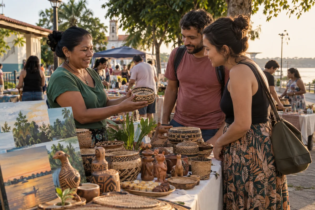 Ilustração por IA: Ilustração fotorealista em formato horizontal 3:2, com uma artesã apresentando uma peça a visitantes entre cestos, cerâmicas, pinturas e doces, sob luz natural de fim de tarde. A cena foi gerada por IA e evoca uma feira cultural amazônica, sem reproduzir um local ou uma edição específicos.