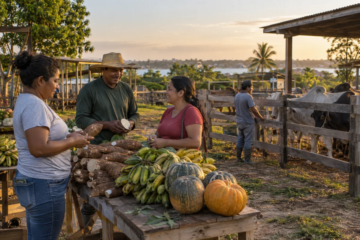 Ilustração por IA: Ilustração fotorrealista horizontal em formato 3:2, com pessoas junto a uma banca de produtos agrícolas e bovinos em cercados, sob luz natural de fim de tarde. A cena imaginada remete ao contexto amazônico de Parintins, sem reproduzir um local ou uma edição específica do evento e sem textos ou marcas.