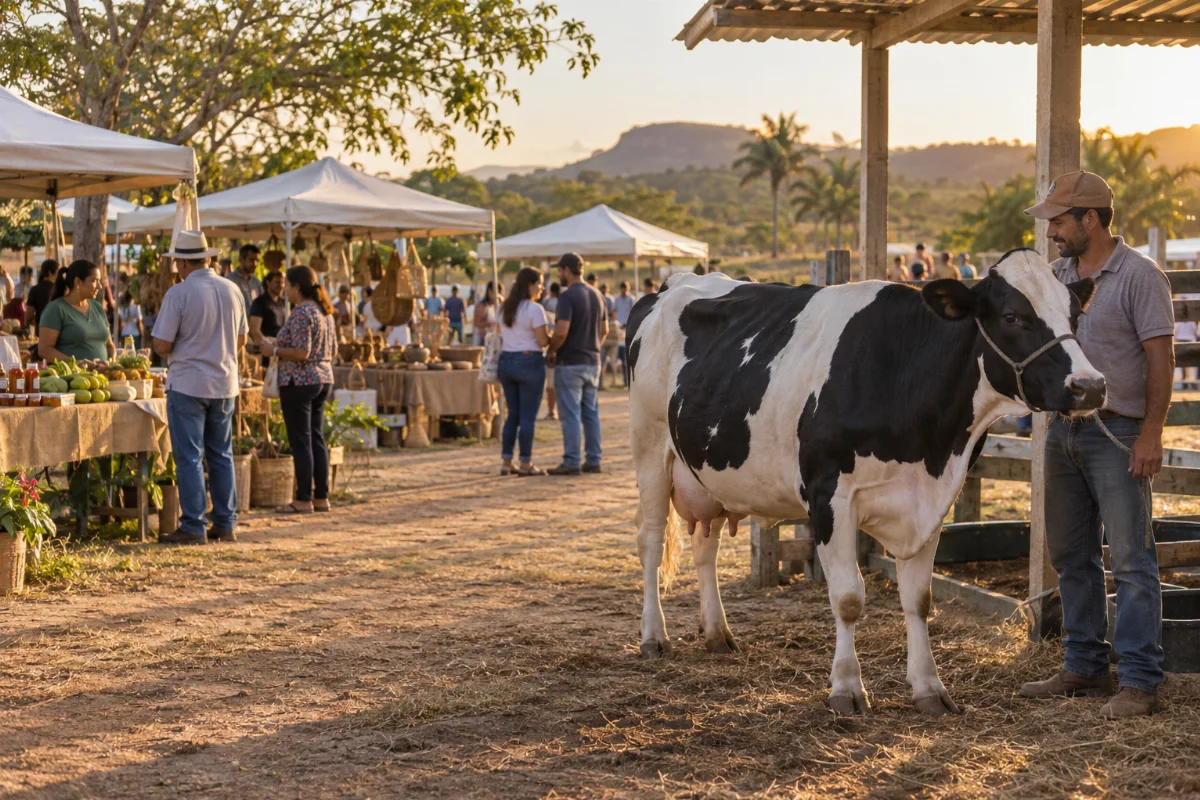 Ilustração por IA: Ilustração fotorealista horizontal em proporção 3:2, com uma vaca leiteira e seu cuidador em primeiro plano, barracas de produtos agrícolas e artesanato e visitantes sob luz natural de fim de tarde. A cena é imaginada, inspirada no contexto rural do evento, sem reproduzir um local ou edição específicos.