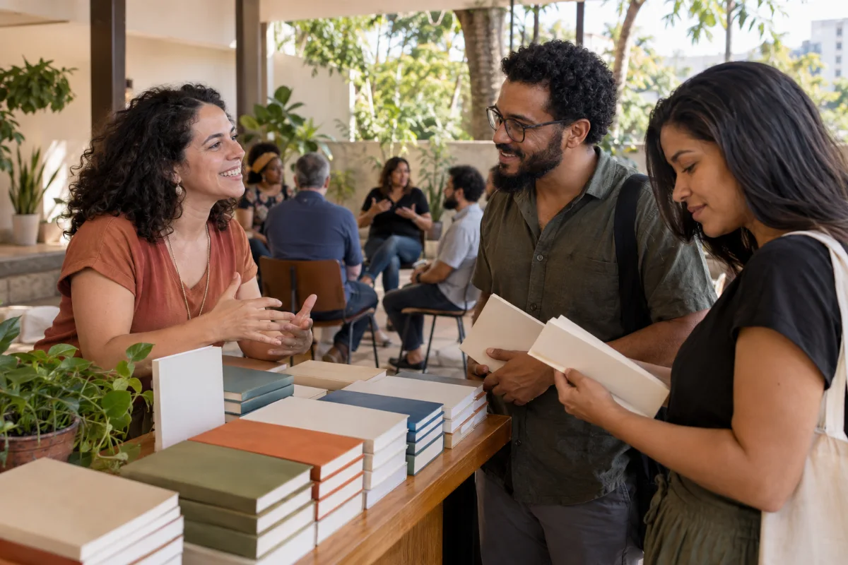 Ilustração por IA: Ilustração fotorrealista em formato horizontal 3:2, com uma autora conversando com leitores junto a uma mesa de livros e uma roda de conversa ao fundo. A luz natural ilumina um ambiente imaginado, sem identificar um local real do evento e sem textos ou marcas.