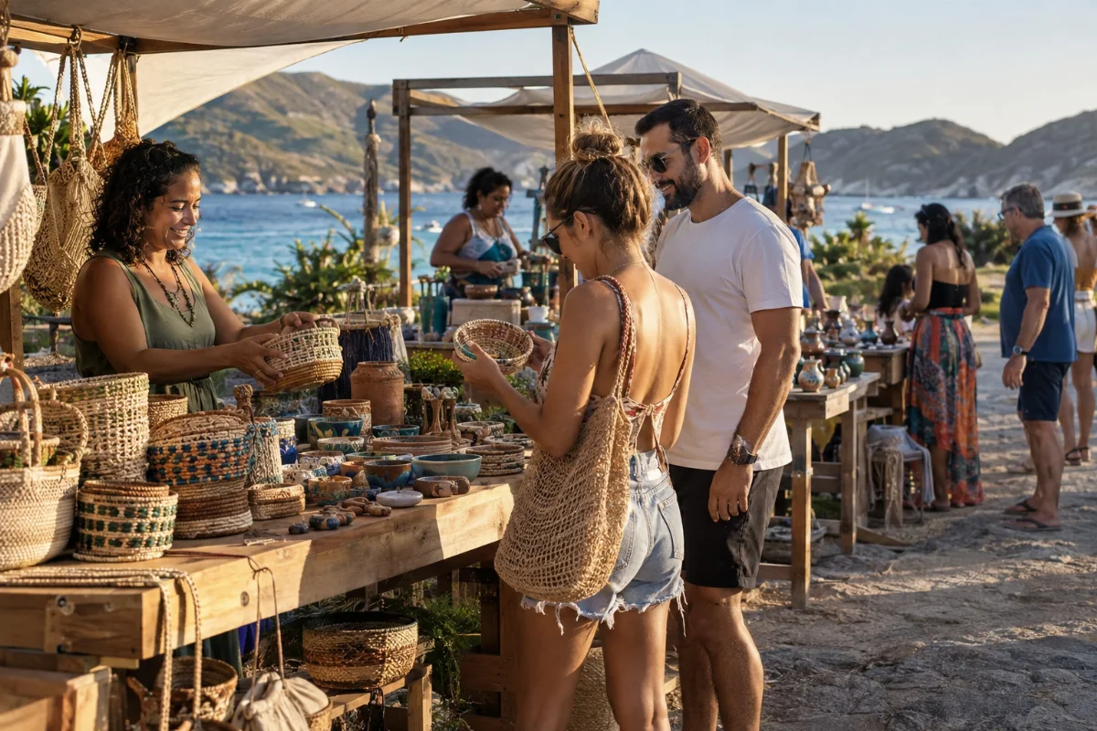 Ilustração por IA: Ilustração fotorrealista horizontal em formato 3:2, com visitantes e vendedores entre bancas de cestaria e cerâmica, sob luz natural, com mar e morros ao fundo. A cena imaginada evoca o litoral de Arraial do Cabo, sem representar um endereço específico ou registrar uma edição real do evento, e não contém textos ou logotipos.
