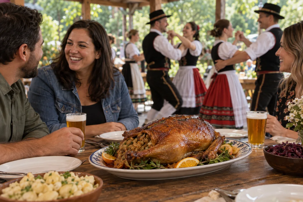 Ilustração por IA: Ilustração fotorrealista horizontal em formato 3:2, com marreco recheado e copos de chope sobre uma mesa, adultos conversando e dançarinos com trajes tradicionais ao fundo, sob luz natural. A cena é imaginada e não representa um registro da edição real nem um local específico.