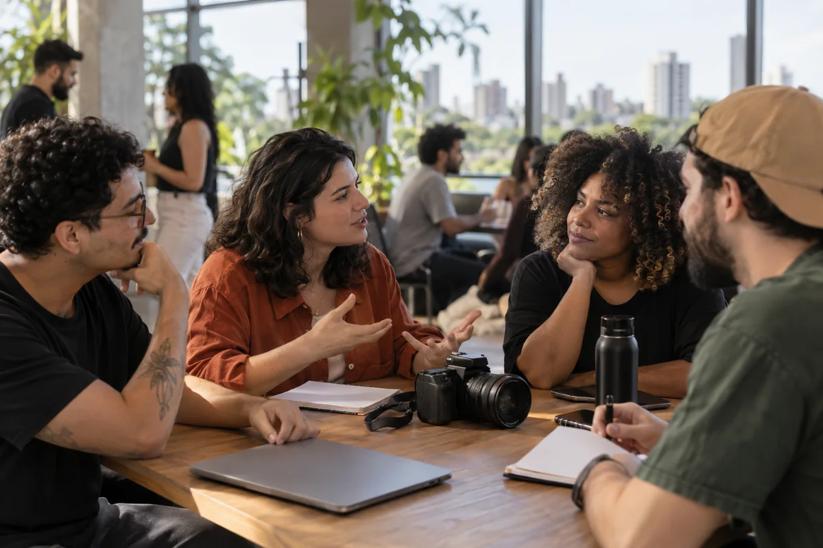 Ilustração por IA: Ilustração fotorealista em formato horizontal 3:2, com adultos conversando ao redor de uma mesa com câmera, cadernos e computador, sob luz natural. A cena imaginada remete à troca de ideias em comunicação, em ambiente brasileiro genérico, sem representar o local real ou um registro do evento e sem textos ou marcas.