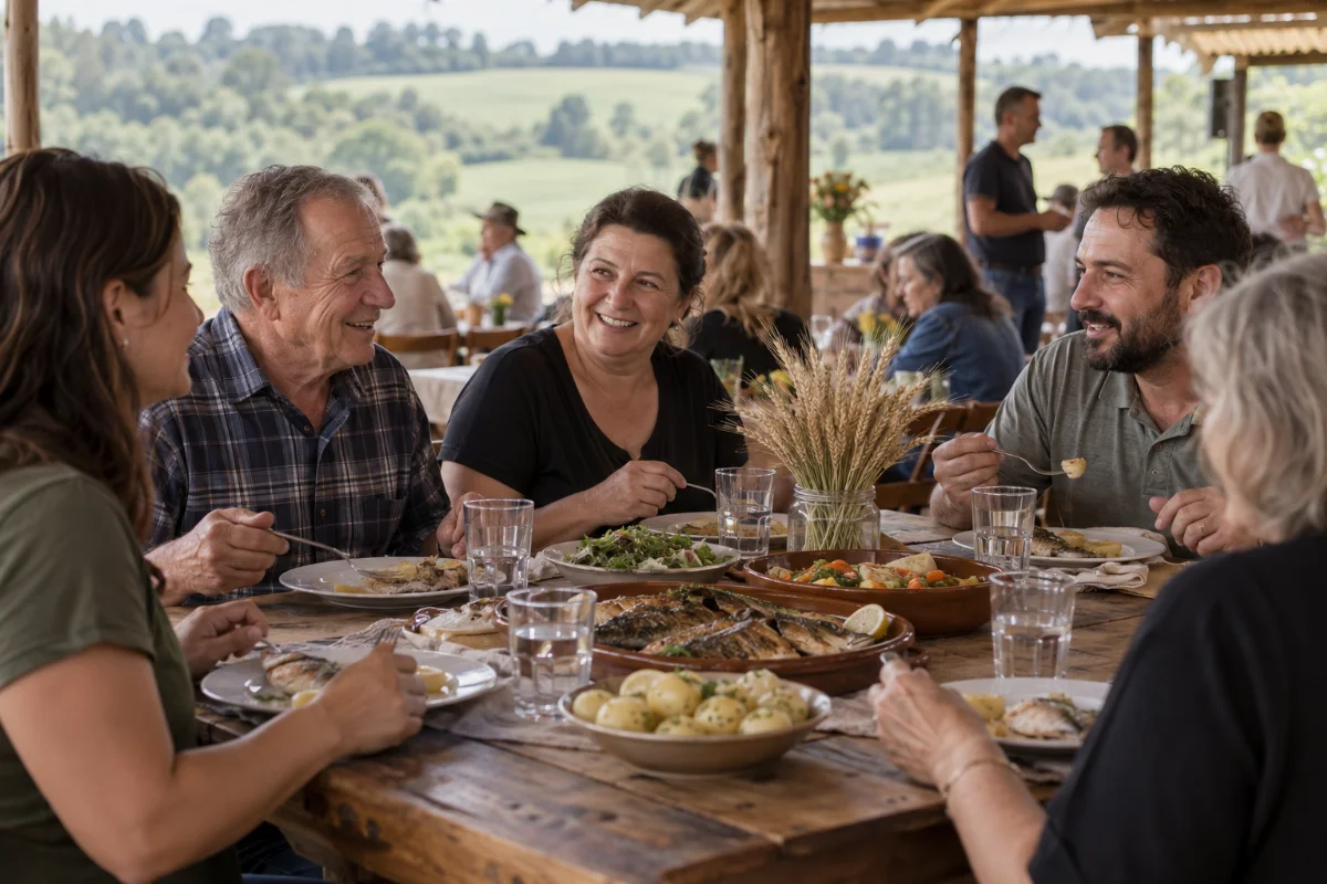 Ilustração por IA: Ilustração fotorealista horizontal em formato 3:2, com adultos compartilhando uma refeição com peixe, batatas e legumes, ao redor de uma mesa decorada com espigas. A luz natural e a paisagem rural compõem uma cena imaginada de convivência, sem representar um local específico ou um registro da edição real.