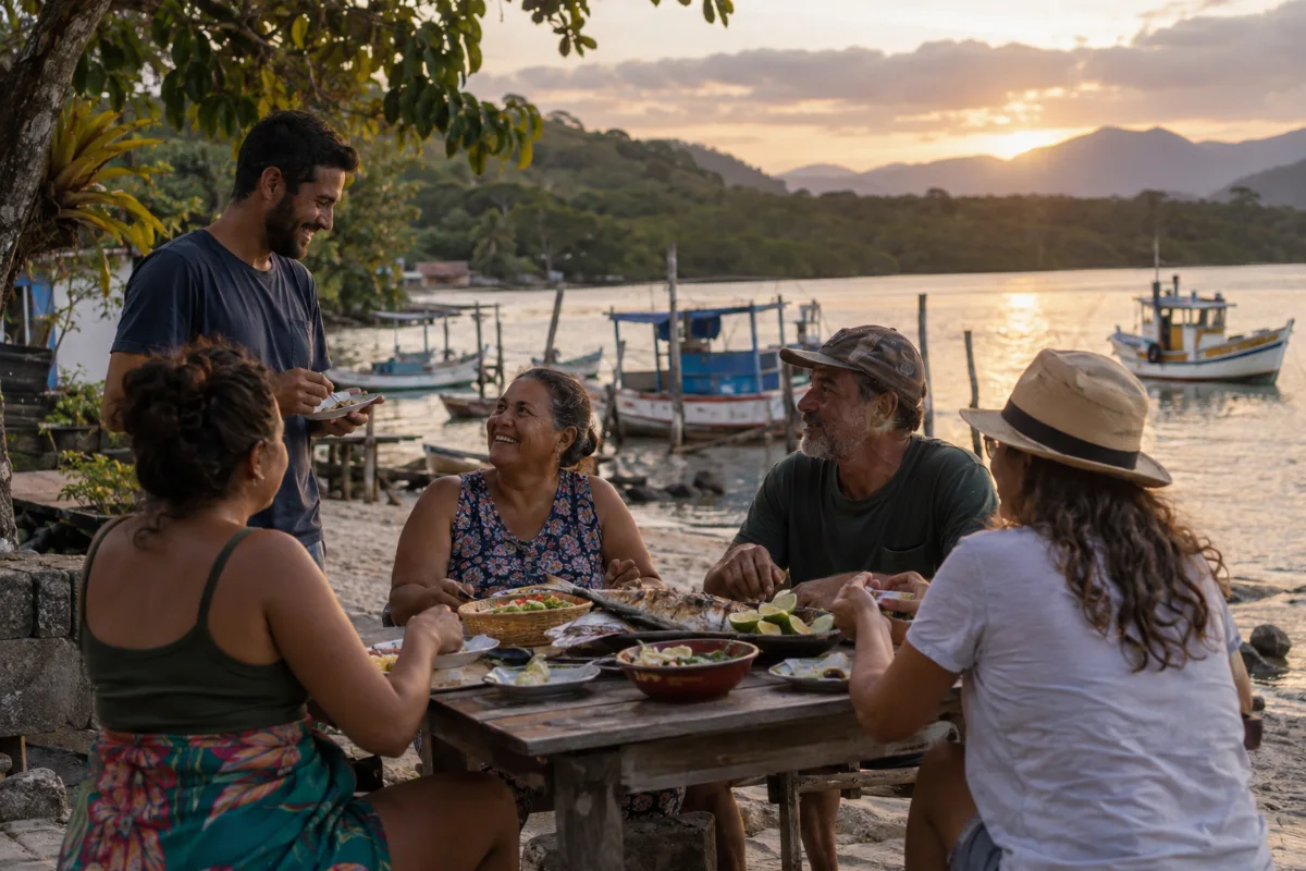 Ilustração por IA: Ilustração fotorealista em formato paisagem 3:2, com pessoas compartilhando peixe à mesa junto à água, barcos de pesca e vegetação costeira sob luz natural de fim de tarde. Cena criada por IA, inspirada no contexto comunitário do evento, sem representar uma edição real ou um local exato.