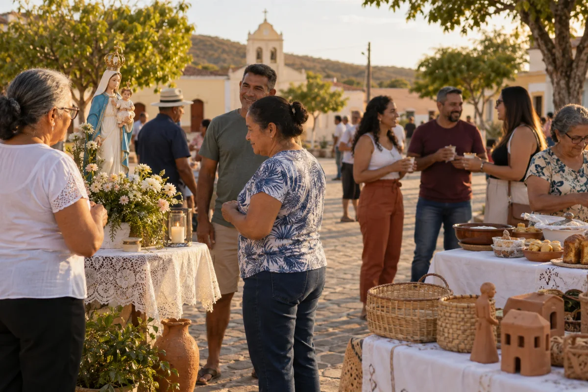 Ilustração por IA: Ilustração fotorrealista em formato paisagem 3:2, com pessoas reunidas ao ar livre, imagem mariana com flores e mesas com alimentos e artesanato sob luz natural de fim de tarde. A cena é fictícia, inspirada na celebração, sem representar um local exato ou uma edição real.