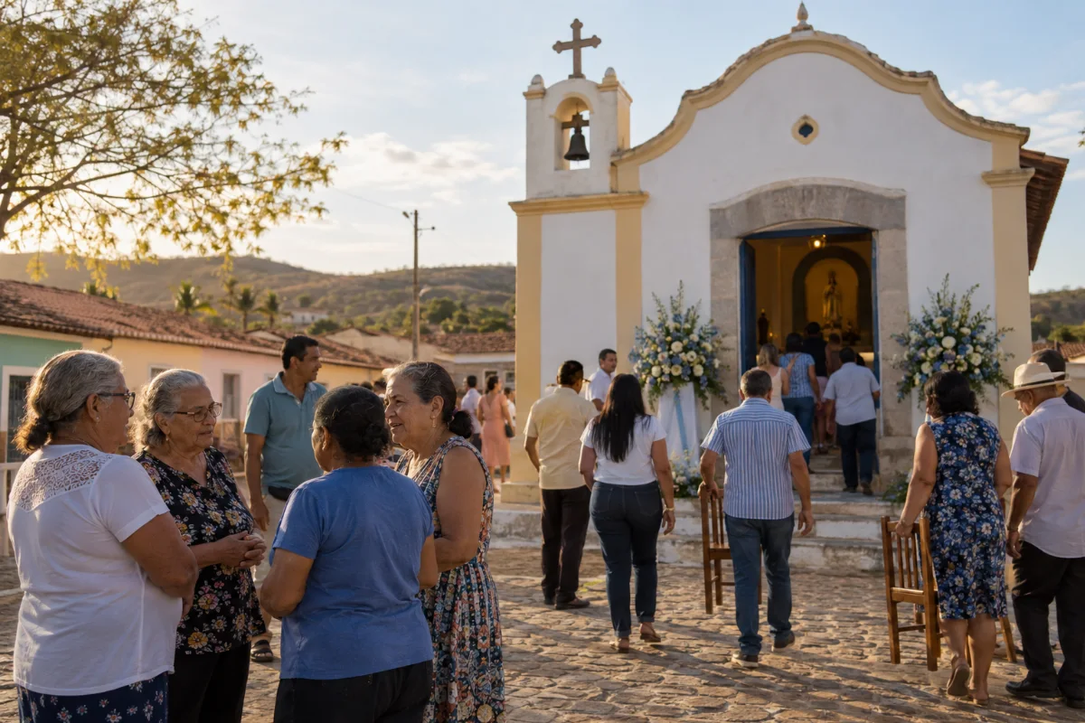 Ilustração por IA: Ilustração fotorealista horizontal em 3:2, com moradores reunidos diante de uma capela imaginada, sob luz natural de fim de tarde. Flores, cadeiras e conversas entre participantes evocam a convivência comunitária; a cena não reproduz o templo real nem uma edição específica da festa.
