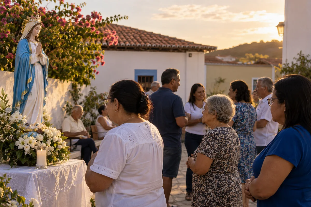 Ilustração por IA: Ilustração fotorrealista horizontal em formato 3:2, com pessoas reunidas diante de uma imagem devocional cercada de flores, em um pátio sob luz natural de fim de tarde. A cena imaginada evoca a fé e a convivência comunitária, sem reproduzir um local específico ou uma edição real do evento.