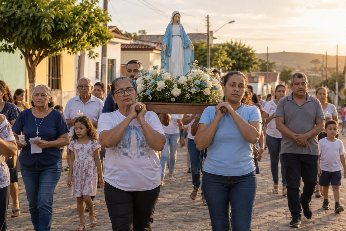 Ilustração por IA: Ilustração fotorealista em formato horizontal 3:2 de uma procissão comunitária, com imagem de Nossa Senhora das Graças sobre um andor florido e famílias caminhando sob a luz do fim da tarde. A cena foi criada por IA e não representa um local exato nem uma edição específica do evento.