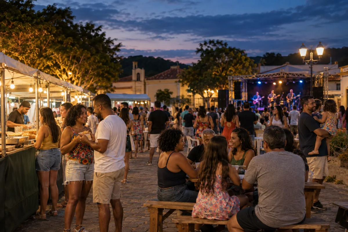 Ilustração por IA: Ilustração fotorrealista horizontal em proporção 3:2, com famílias e amigos reunidos ao entardecer, barracas de comida e músicos ao fundo. A cena imaginada em espaço público inspira-se nas atividades do evento, sem retratar um local específico ou uma edição real.