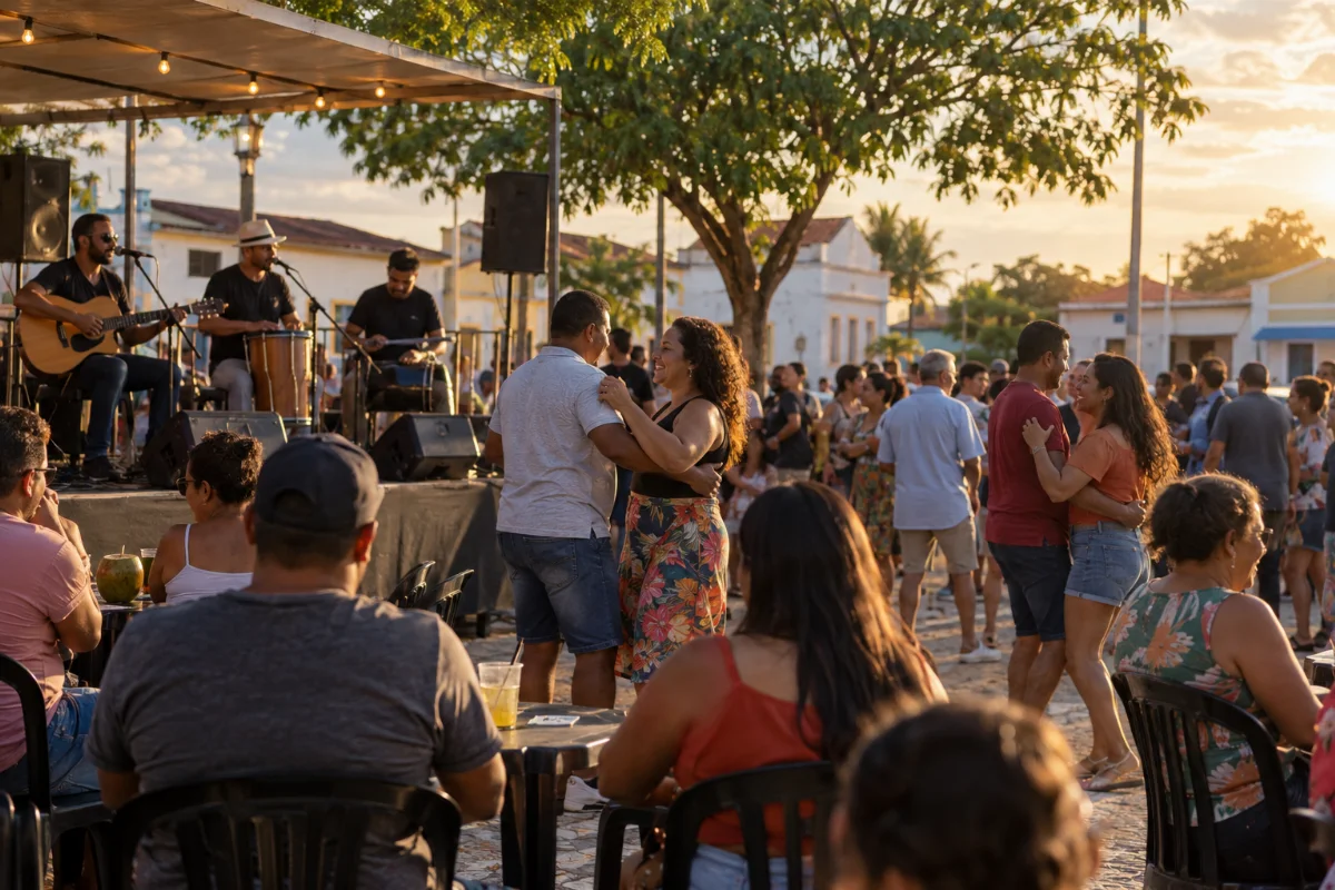 Ilustração por IA: Ilustração fotorrealista horizontal em formato 3:2, com músicos em um pequeno palco, casais dançando e pessoas reunidas ao ar livre sob a luz do fim da tarde. A cena imaginada inspira-se na celebração, sem retratar um local ou uma edição específica, e não contém textos ou logotipos.