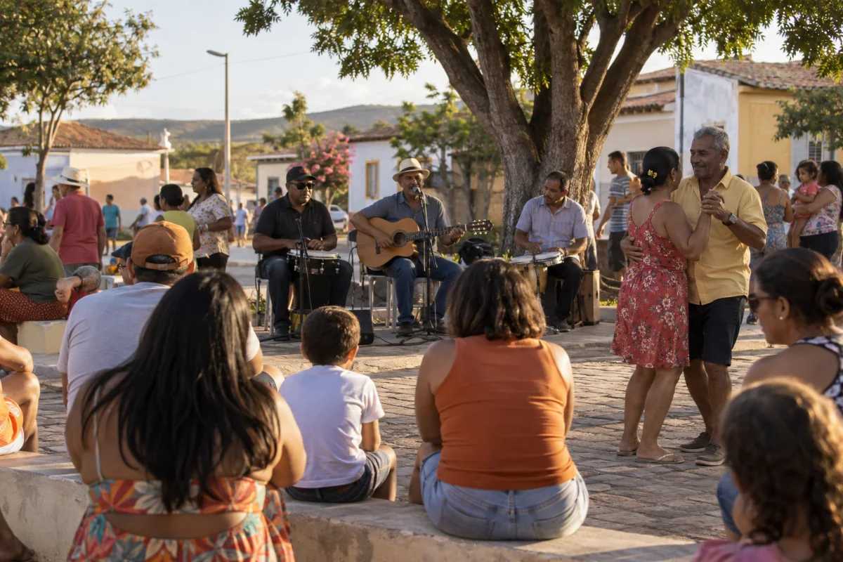 Ilustração por IA: Ilustração fotorrealista horizontal em proporção 3:2, com músicos anônimos tocando violão e percussão ao ar livre, famílias acompanhando e um casal dançando sob luz natural. A cena é imaginada, inspirada na celebração, sem representar um local específico ou uma edição real do evento.