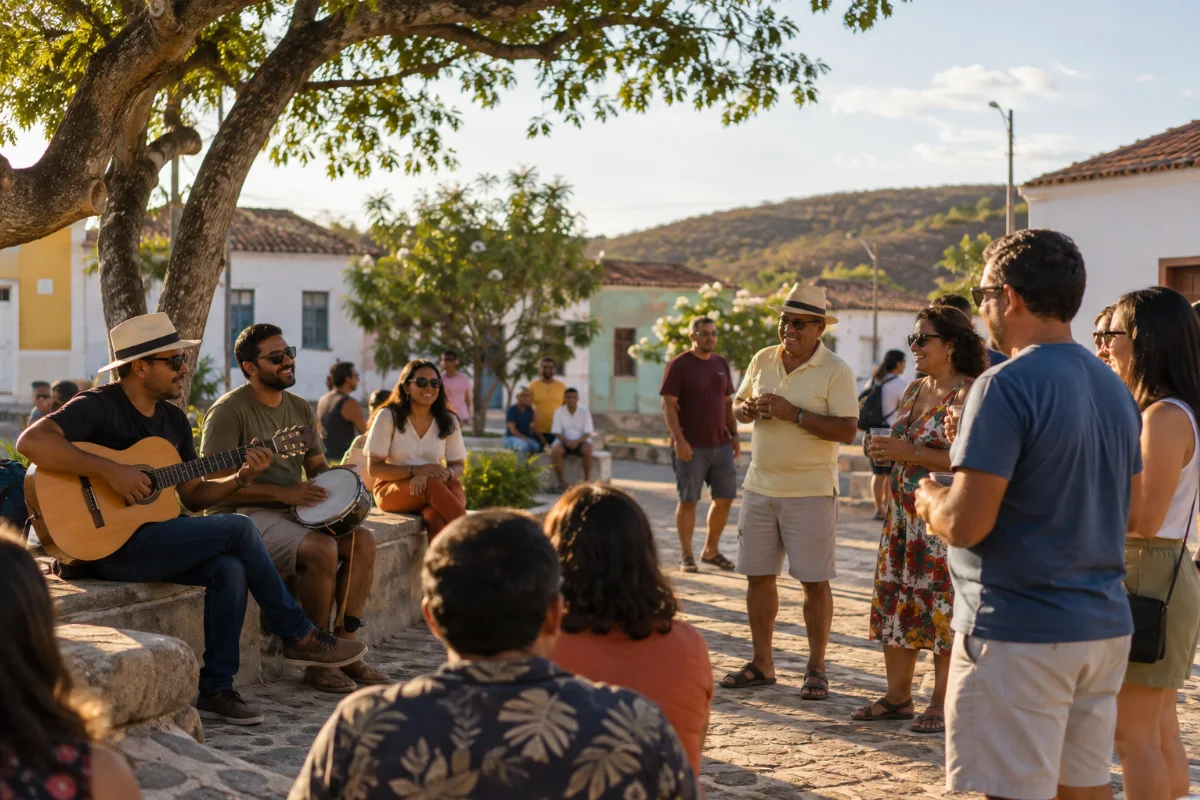 Ilustração por IA: Ilustração fotorealista em formato horizontal 3:2, com pessoas reunidas ao ar livre acompanhando músicos com violão e percussão, sob luz natural de fim de tarde. Casas baixas e árvores compõem um cenário imaginado do interior potiguar, sem representar um local específico ou uma edição real da festa.