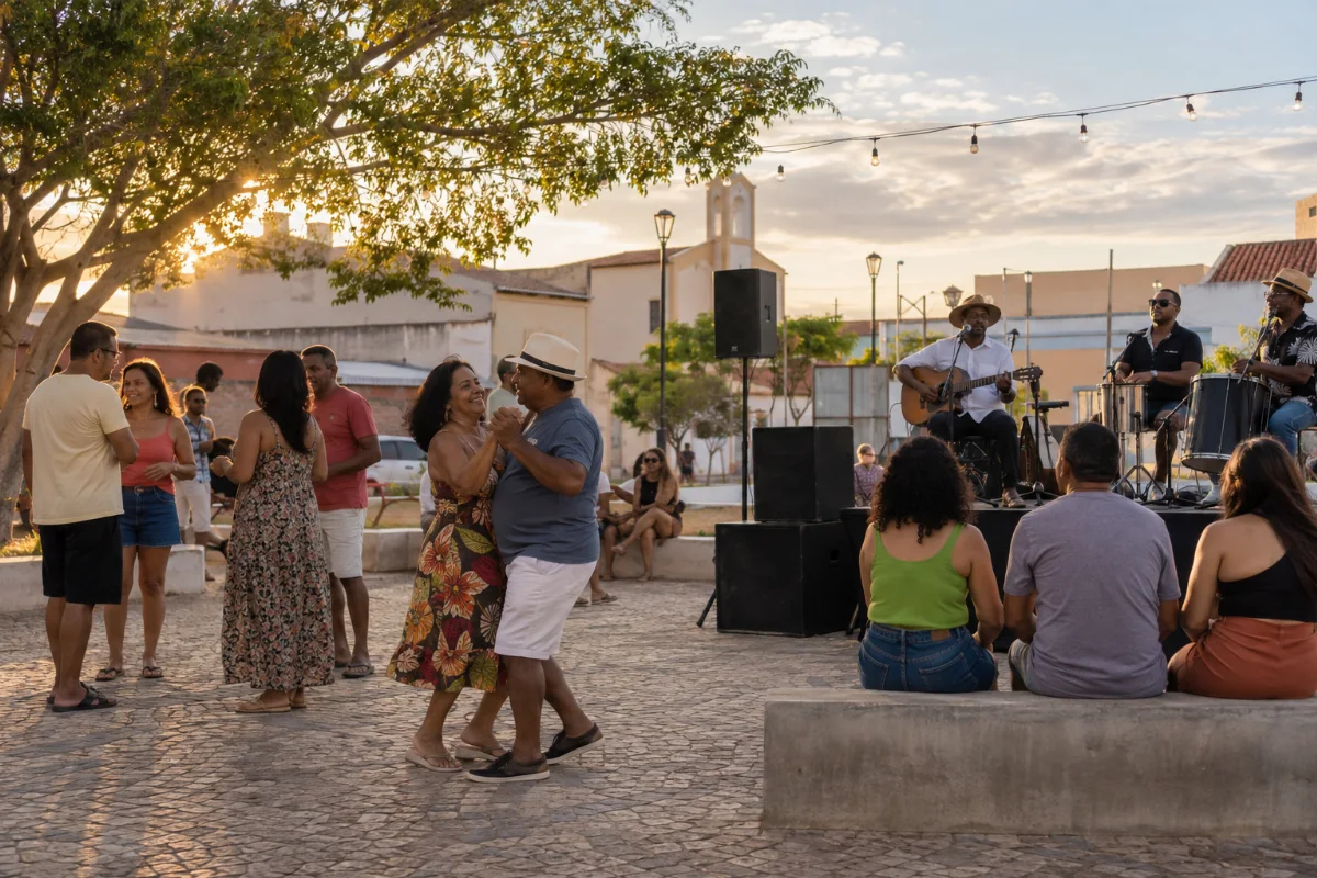 Ilustração por IA: Ilustração fotorrealista em formato horizontal 3:2, com músicos em um pequeno palco e pessoas conversando, dançando e acompanhando a apresentação ao ar livre, sob a luz do fim da tarde. A cena é imaginada, inspirada na celebração em Baraúna, sem representar um local específico ou uma edição real do evento.