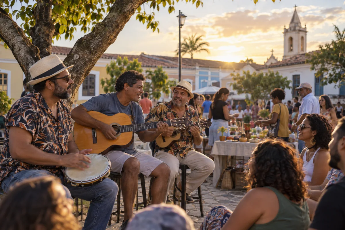 Ilustração por IA: Ilustração fotorrealista em formato horizontal 3:2, com músicos e pessoas reunidas ao ar livre sob a luz de fim de tarde. O cenário urbano é imaginado, inspirado na celebração cultural, sem representar um local específico ou uma edição real do evento.