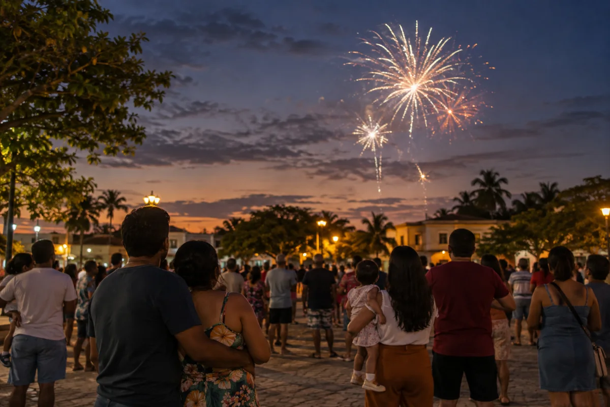 Ilustração por IA: Ilustração fotorealista horizontal em formato 3:2, com famílias observando fogos no céu ao entardecer, em uma praça genérica com árvores e construções baixas. A cena foi gerada por IA e não reproduz o local exato nem uma edição real do evento; não contém textos ou logotipos.