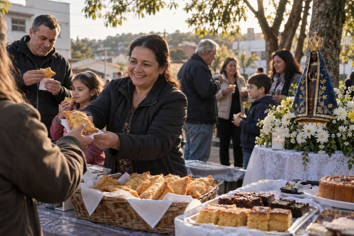 Ilustração por IA: Ilustração fotorrealista horizontal em 3:2, com famílias compartilhando pastéis e bolos ao ar livre, sob luz natural suave. Uma imagem de Nossa Senhora Aparecida cercada de flores compõe a cena imaginada, sem reproduzir o local ou um registro da edição real.