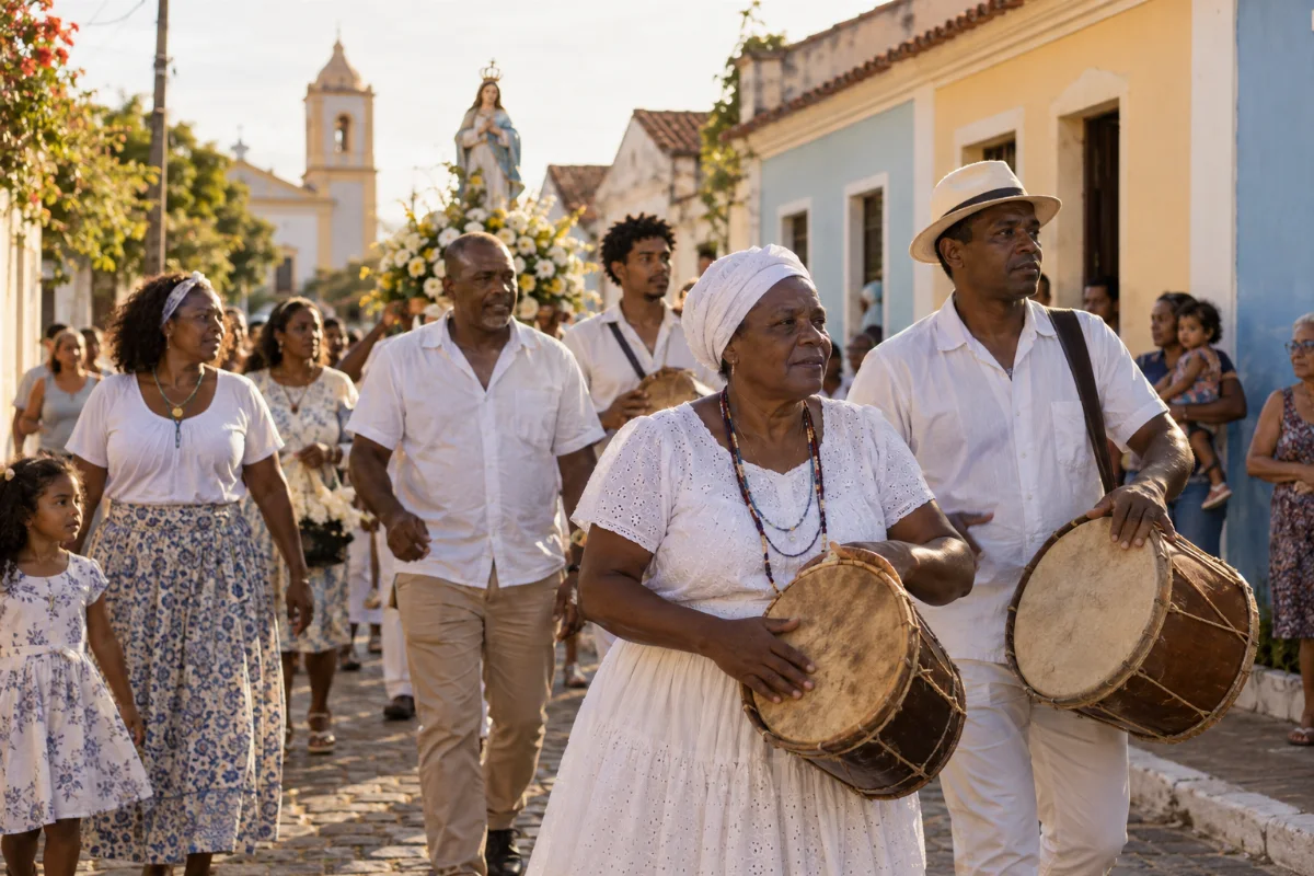 Ilustração por IA: Ilustração fotorealista horizontal em proporção 3:2, com participantes negros tocando tambores em um cortejo religioso, imagem sacra e moradores entre fachadas coloridas sob luz natural. A cena é imaginada e inspirada na festa, sem reproduzir uma edição ou um local exato.