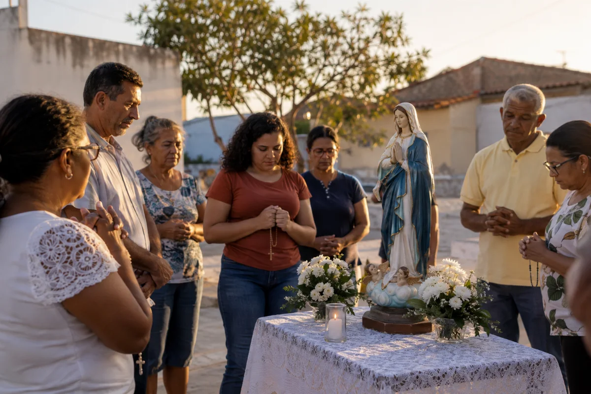 Ilustração por IA: Ilustração fotorrealista horizontal em formato 3:2, com pessoas reunidas em oração diante de uma imagem de Nossa Senhora da Conceição, entre flores brancas e luz natural de fim de tarde. O cenário é imaginado, inspirado em uma pequena cidade brasileira, sem representar um local específico ou uma edição real da festa.