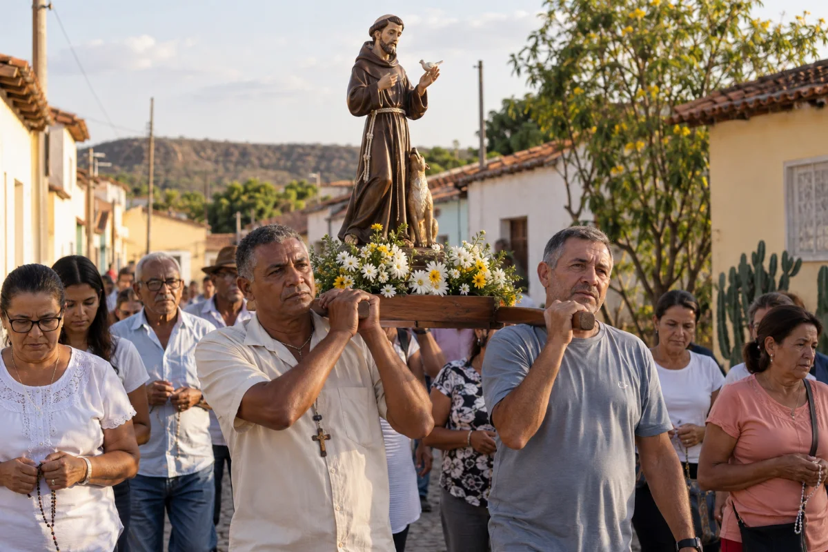 Ilustração por IA: Ilustração fotorrealista horizontal em formato 3:2, com fiéis acompanhando uma imagem de São Francisco sobre um andor florido, em uma rua de cenário inspirado em Canindé, sob luz natural. A cena imaginada não representa um local exato nem um registro da edição de 2026 e não contém textos ou marcas.