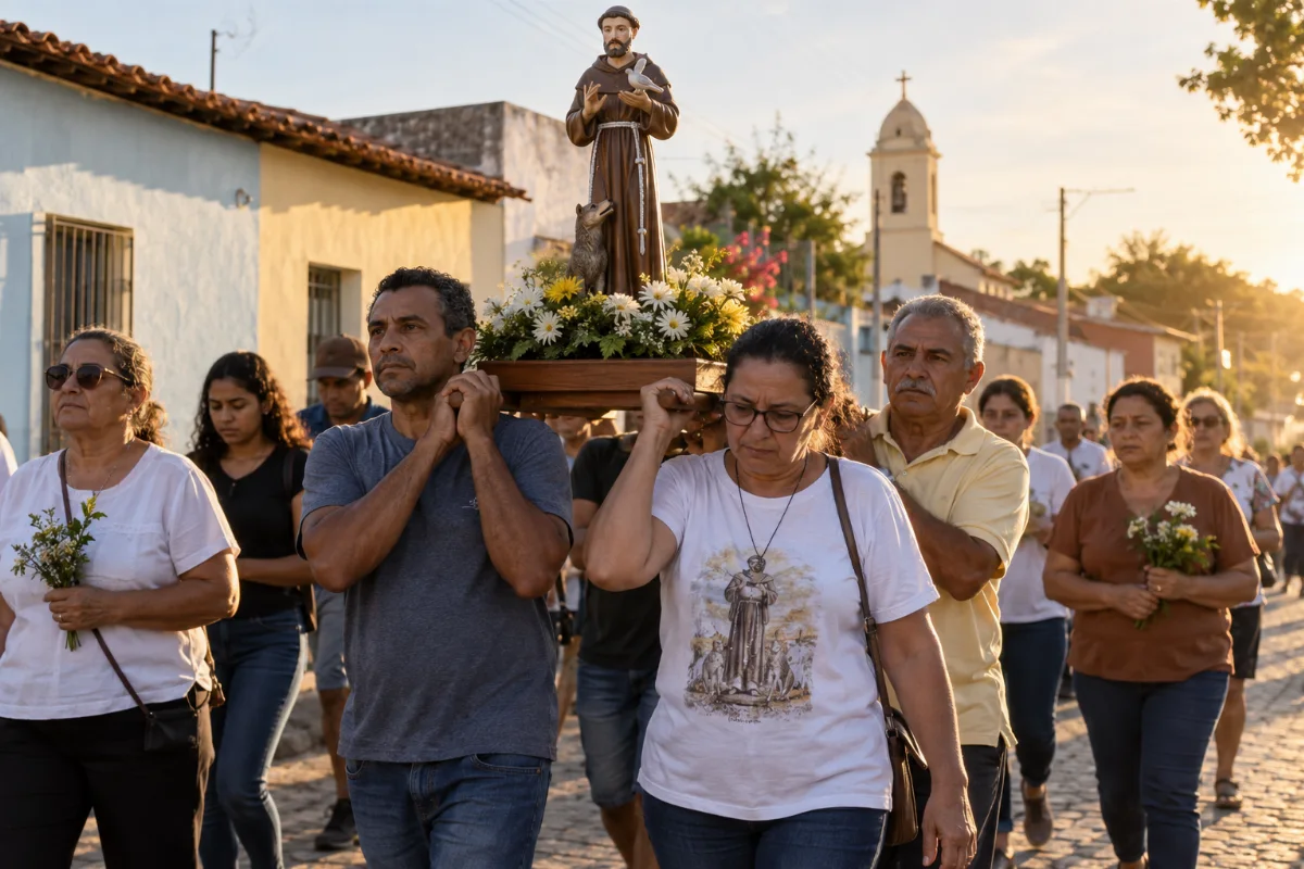 Ilustração por IA: Ilustração fotorrealista horizontal de fiéis em procissão, carregando uma imagem de São Francisco sobre um andor florido, sob luz natural de fim de tarde. A cena imaginada evoca a romaria em Canindé, sem reproduzir um local específico ou um registro da edição de 2026.