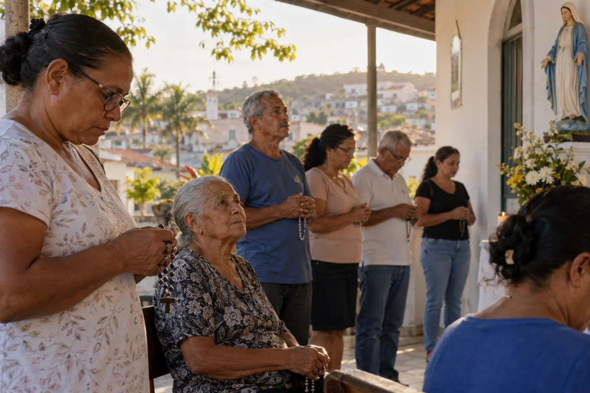 Ilustração por IA: Ilustração fotorrealista em formato horizontal 3:2, com adultos e idosos reunidos em oração, segurando terços sob luz natural. Uma imagem mariana e construções ao fundo compõem o cenário imaginado, sem representar um local exato ou uma edição real da festa.