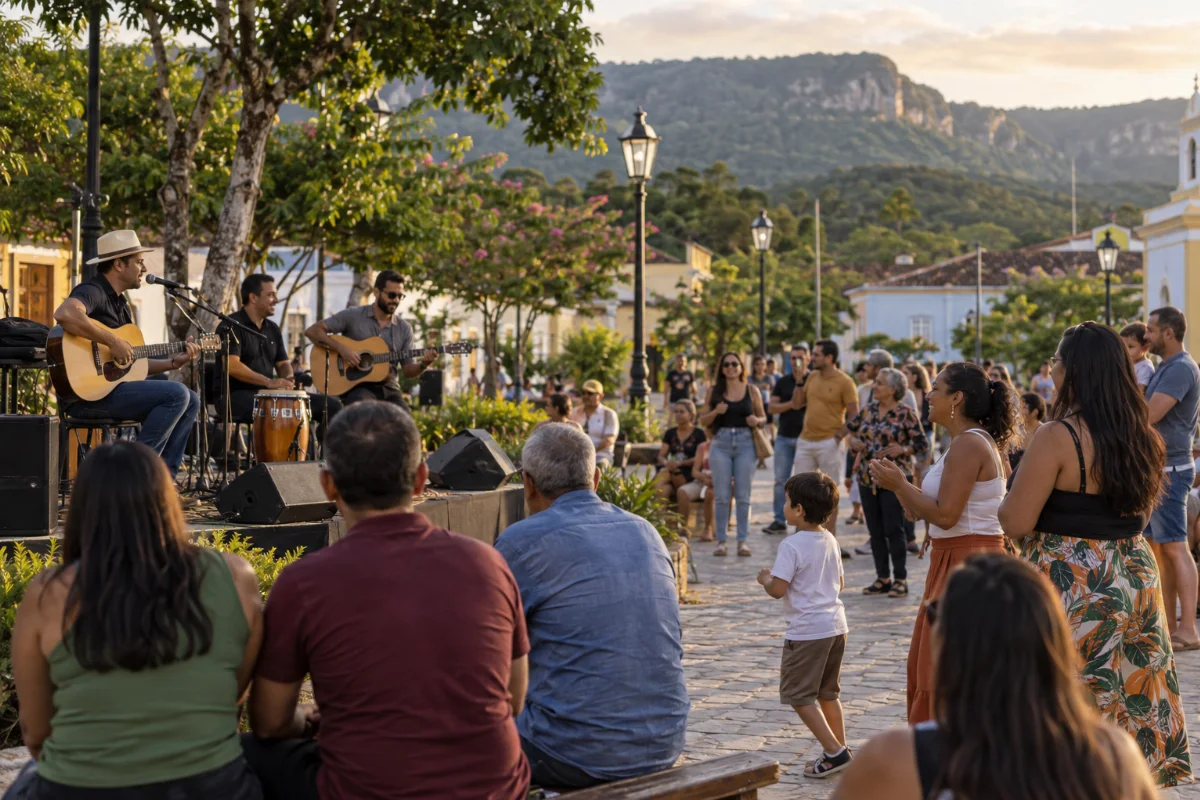 Ilustração por IA: Ilustração fotorealista em formato paisagem 3:2, com músicos e famílias reunidos em um espaço público arborizado sob luz natural de fim de tarde. A cena imaginada remete às atividades culturais da festa, sem reproduzir um local exato ou registrar a edição real; não contém textos nem logotipos.