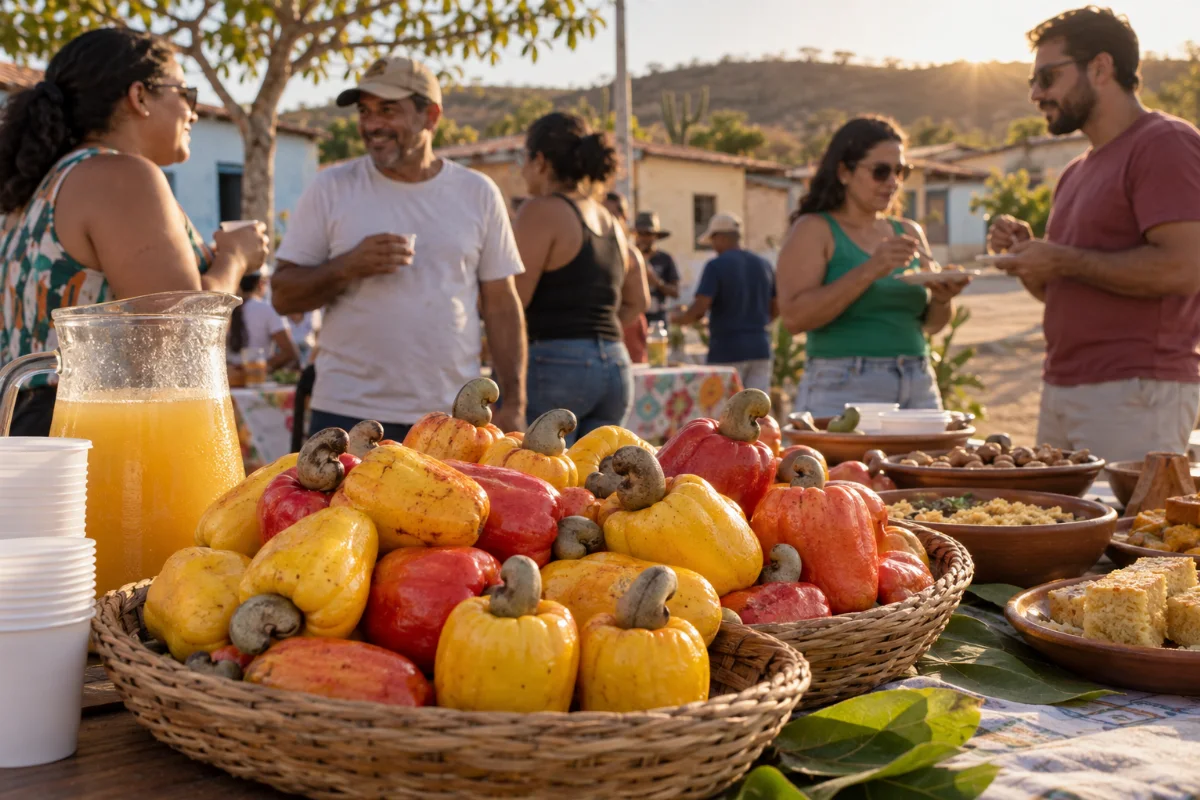 Ilustração por IA: Ilustração fotorrealista em formato paisagem 3:2, com cestos de cajus, suco e alimentos sobre uma mesa, enquanto pessoas confraternizam ao ar livre sob a luz do fim da tarde. A cena é imaginada e gerada por IA, sem representar um local específico ou um registro da edição real.