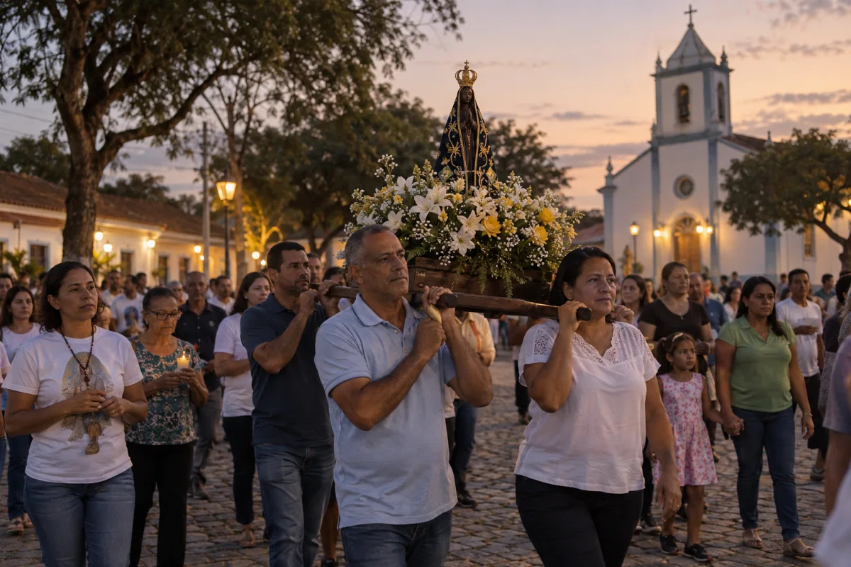 Ilustração por IA: Ilustração fotorealista em formato paisagem 3:2 de uma procissão ao entardecer, com fiéis carregando uma imagem de Nossa Senhora Aparecida sobre um andor florido. A praça e a igreja ao fundo compõem um cenário imaginado, sem reproduzir o local exato ou uma edição real do evento.
