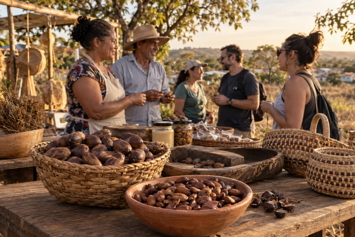 Ilustração por IA: Ilustração fotorealista em formato horizontal 3:2, com frutos e castanhas de baru sobre uma mesa, cestos artesanais e pessoas conversando ao ar livre sob luz natural. A cena é imaginada, inspirada na Fenabaru, sem representar um local específico ou uma edição real do evento.