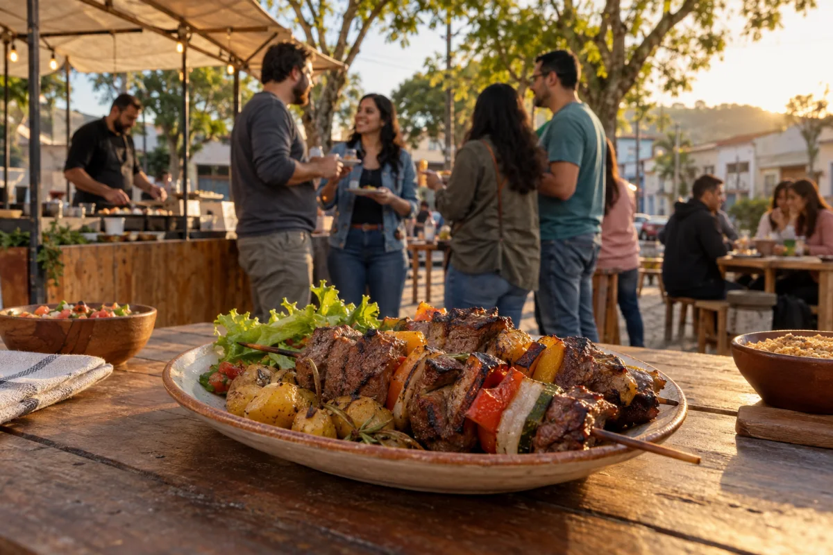 Ilustração por IA: Ilustração fotorrealista horizontal em formato 3:2, com espetinhos de carne e legumes em primeiro plano e pessoas convivendo junto a uma barraca gastronômica, sob luz natural de fim de tarde. A cena é imaginada, inspirada no caráter gastronômico e comunitário da festa, sem reproduzir um local ou edição específica e sem textos ou logotipos.