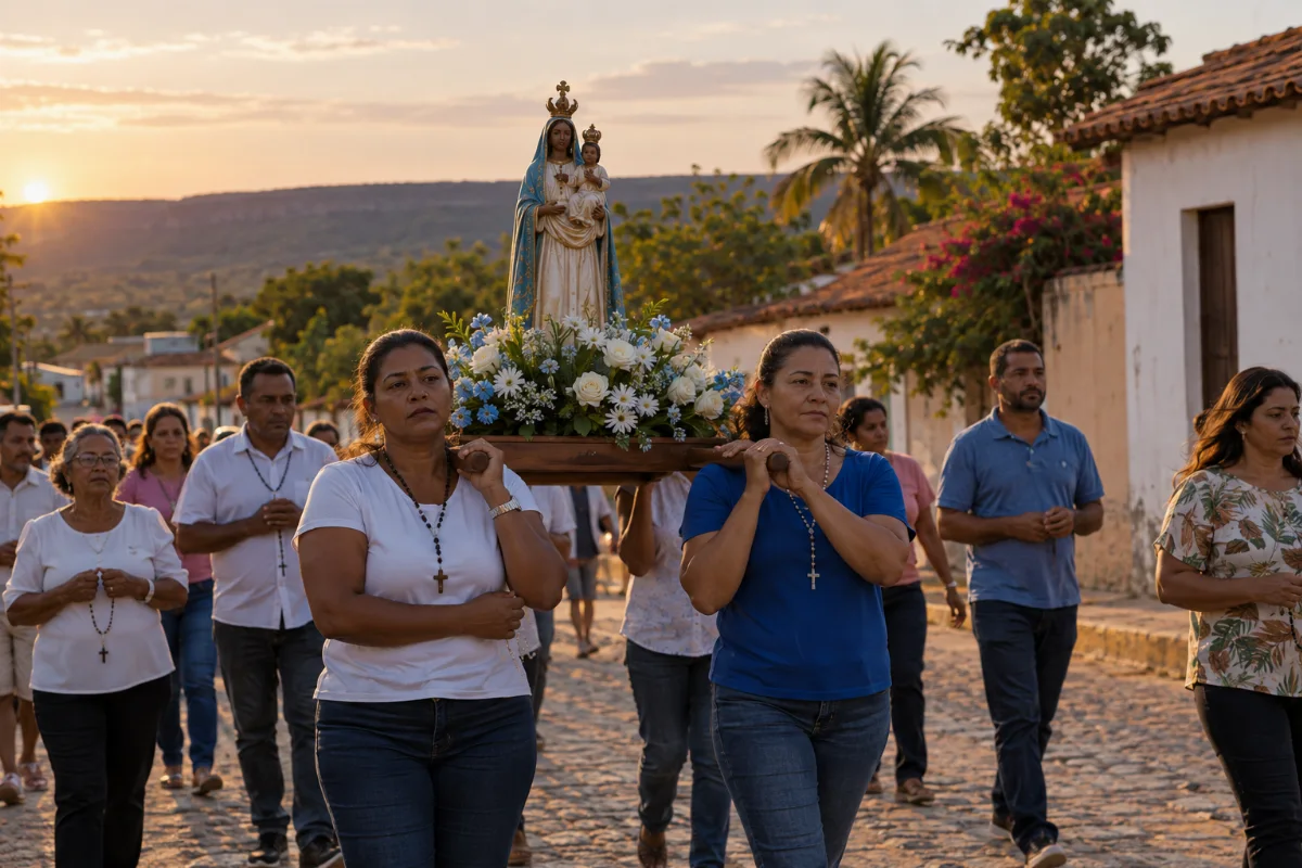 Ilustração por IA: Ilustração fotorrealista em formato paisagem 3:2, com uma procissão comunitária à luz do entardecer. Devotos acompanham uma imagem religiosa sobre um andor florido entre casas de telhas cerâmicas e vegetação, em uma cena imaginada, sem representar um local exato ou uma edição real do festejo.