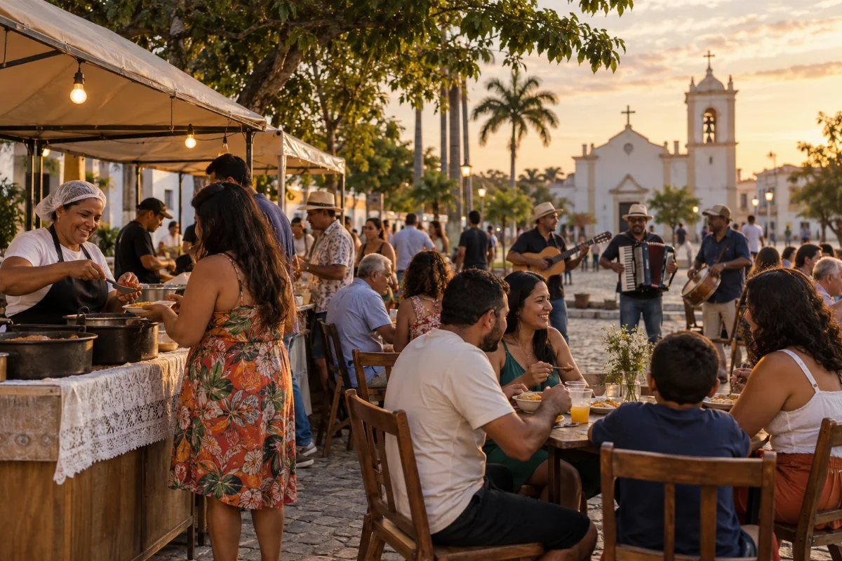 Ilustração por IA: Ilustração fotorrealista em formato horizontal 3:2, com famílias em mesas e barracas de comida, músicos e uma igreja ao fundo, sob luz natural de fim de tarde. A cena é imaginada, gerada por IA, sem representar um local exato ou registrar uma edição real dos festejos.