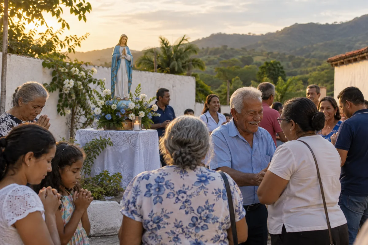 Ilustração por IA: Ilustração fotorealista horizontal em formato 3:2, com pessoas em oração e confraternização junto a uma imagem de Nossa Senhora da Conceição ornamentada com flores. A luz natural ilumina um pátio com montanhas verdes ao fundo, em uma cena imaginada inspirada em Meruoca, sem representar um local ou edição específicos.