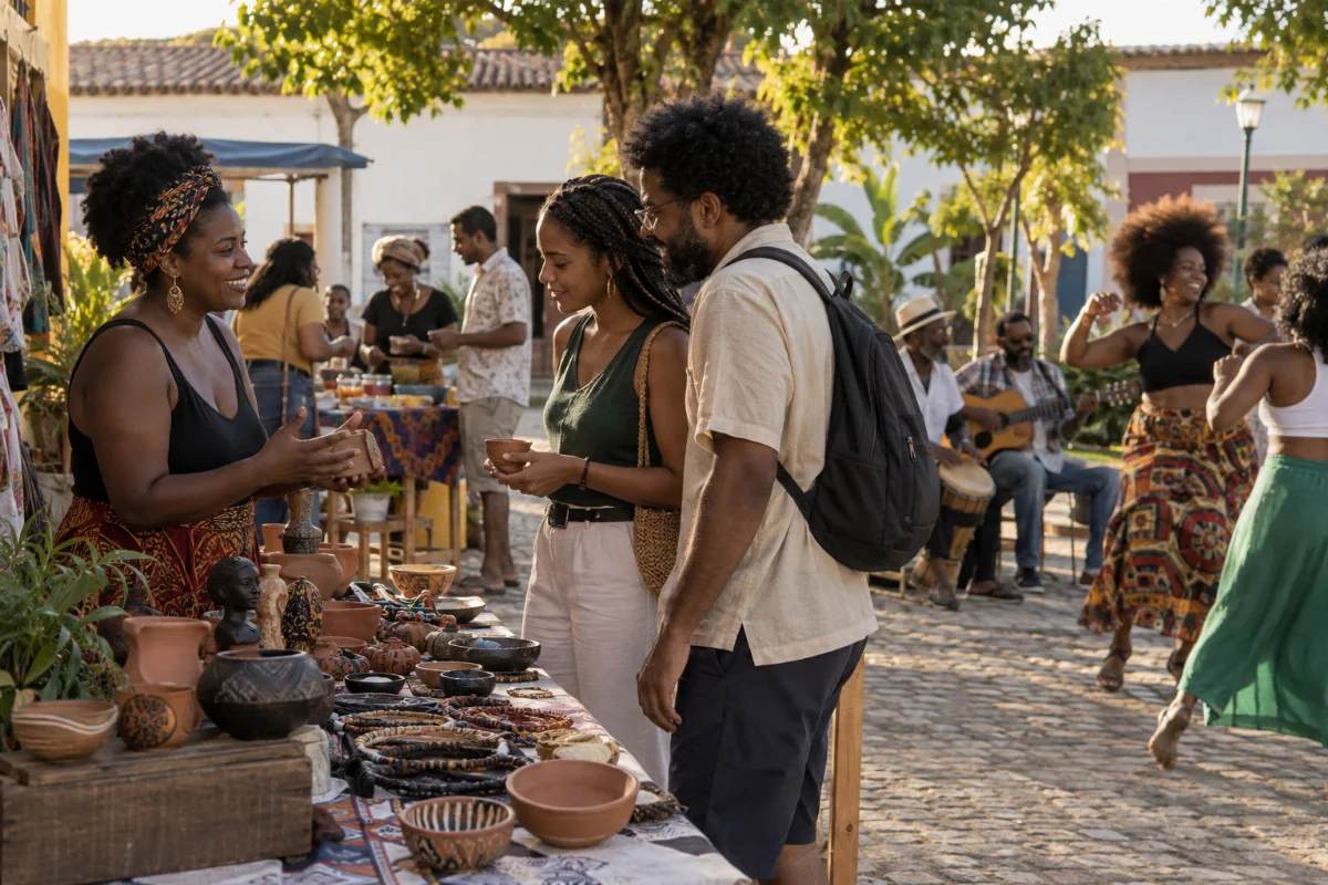 Ilustração por IA: Ilustração fotorealista horizontal em formato 3:2, com uma artesã negra atendendo visitantes e apresentações de música e dança ao fundo, sob luz natural. A cena é fictícia, inspirada nas atividades descritas, sem representar um local exato ou registro de uma edição do festival.
