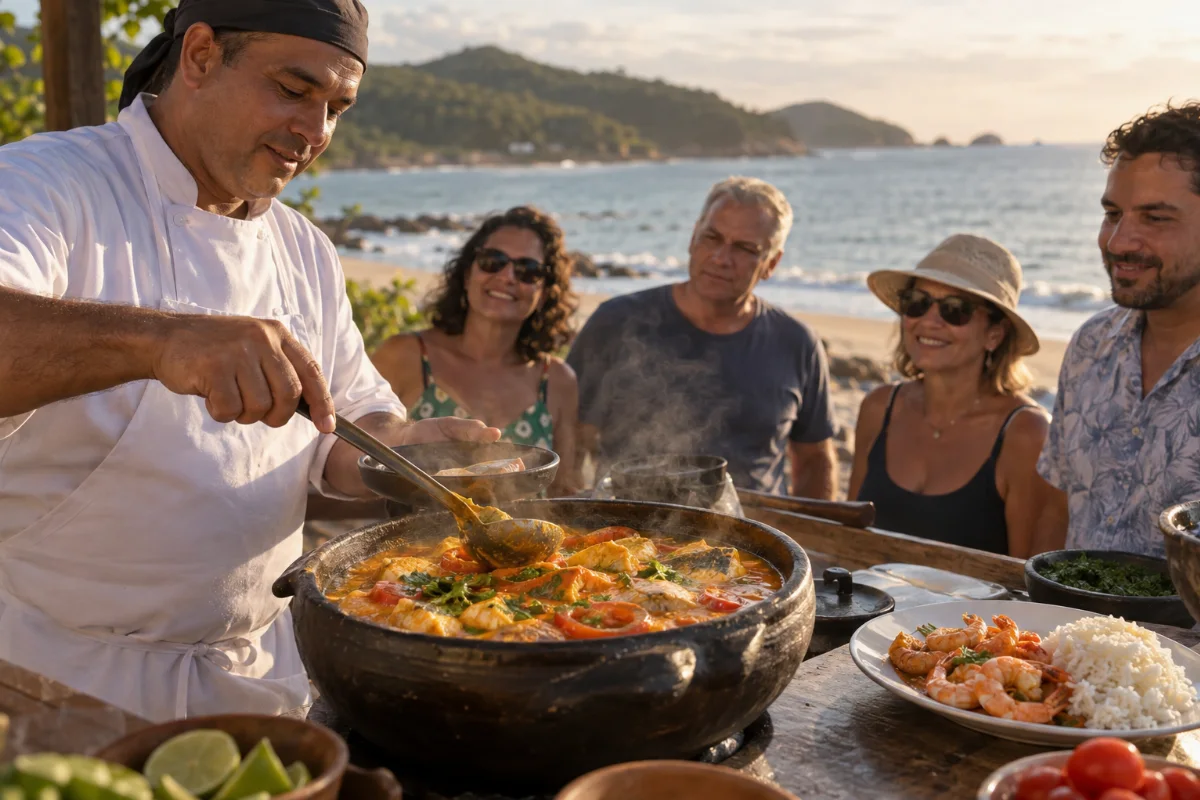 Ilustração por IA: Ilustração fotorealista horizontal em formato 3:2, com um cozinheiro preparando moqueca em panela de barro diante de visitantes, camarões e arroz em primeiro plano e paisagem litorânea ao fundo. A cena imaginada tem luz natural e não reproduz um local exato ou registro da edição do festival.