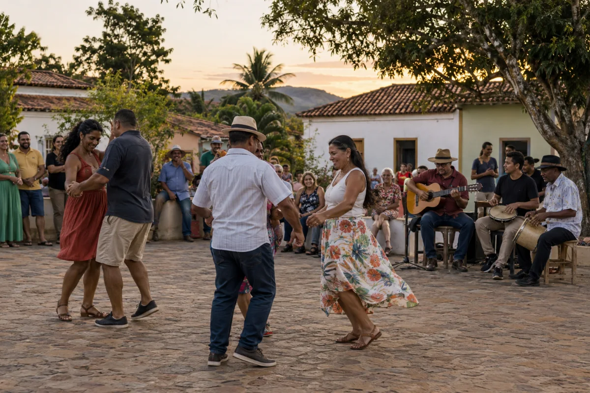 Ilustração por IA: Ilustração fotorrealista gerada por IA, em formato horizontal 3:2, com pessoas dançando ao ar livre, músicos com violão e percussão e espectadores sob a luz do entardecer. Casas de telhado cerâmico e árvores compõem um cenário imaginado, sem representar um local específico ou uma edição real do festival.