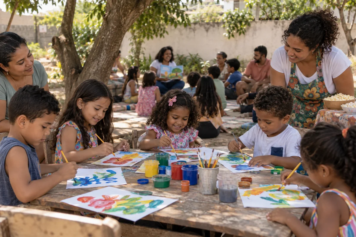 Ilustração por IA: Ilustração fotorrealista em formato paisagem 3:2, com crianças pintando sob árvores, acompanhadas por adultos, e uma roda de histórias ao fundo. A cena tem luz natural e representa um ambiente comunitário imaginado, sem identificar um local específico nem documentar uma edição real do evento.